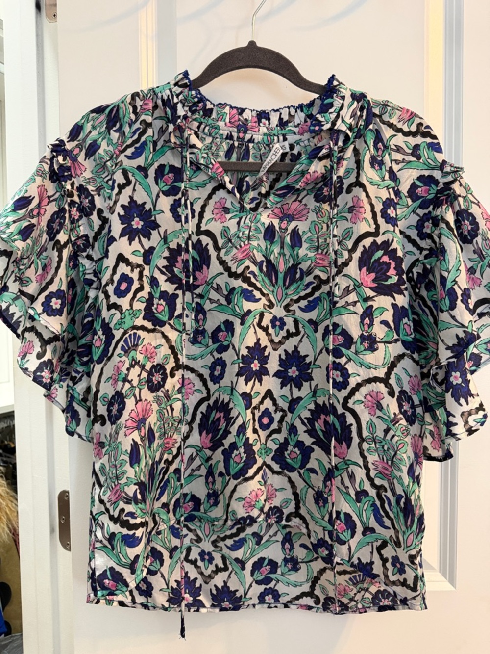 Floral Ruffle Short-Sleeve Blouse - Pink & Teal